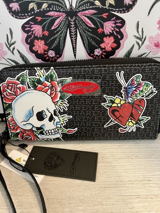 Ed Hardy Handbags - Ed Hardy Skull & Butterfly Zip-Around Wallet Wristlet Black NWT